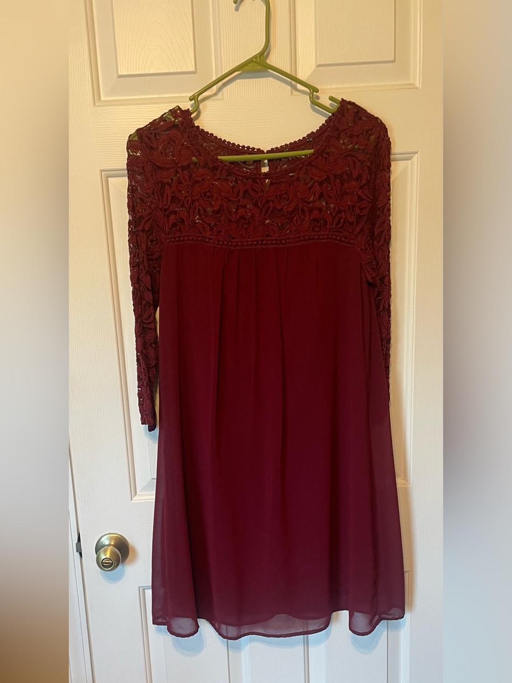 jcpenney Women's Maroon Long-Sleeve Lace Yoke Dress